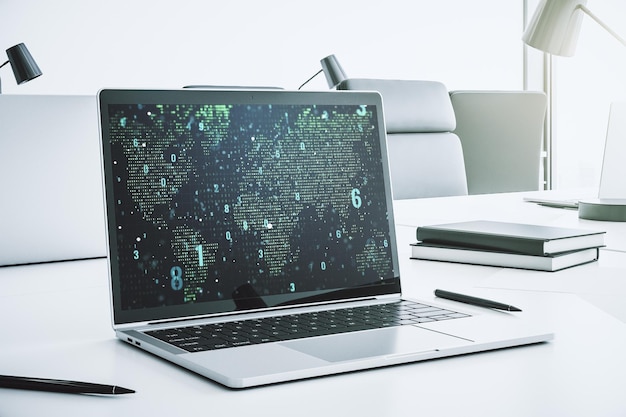 Écran d'ordinateur moderne avec croquis de codage graphique abstrait et carte du monde big data et concept de réseau rendu 3D