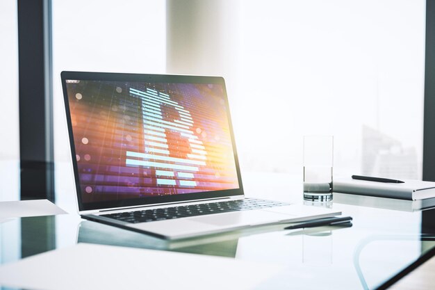 Un écran d'ordinateur moderne avec un hologramme créatif du symbole Bitcoin Minage et concept de blockchain Rendering 3D