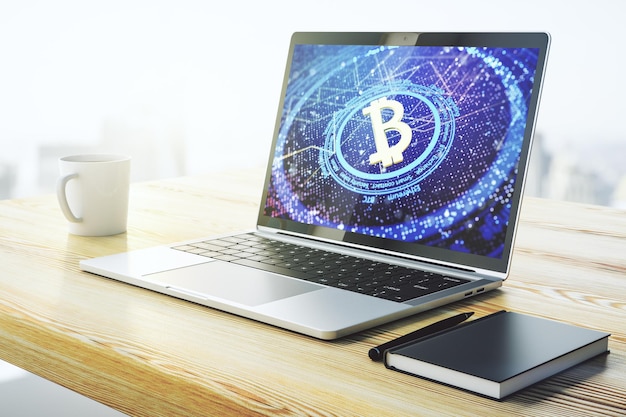 Écran d'ordinateur moderne avec hologramme créatif de symbole Bitcoin Mining et concept de blockchain rendu 3D