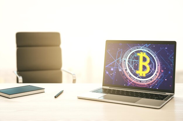 Écran d'ordinateur moderne avec symbole Bitcoin créatif Concept de crypto-monnaie Rendu 3D