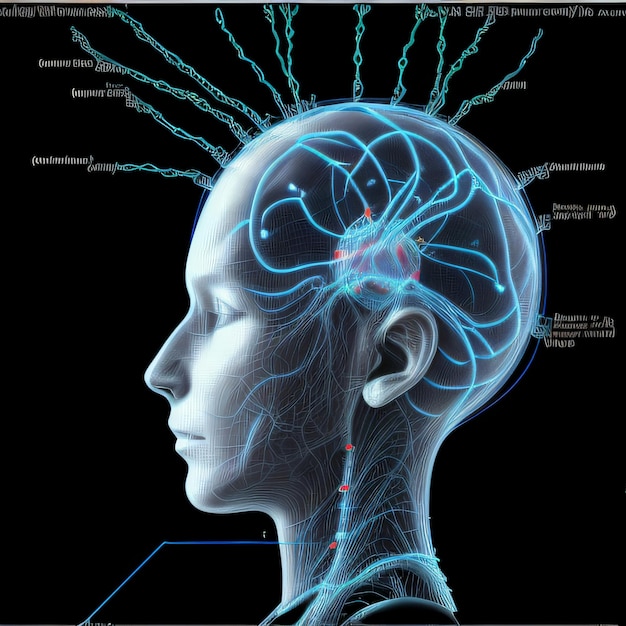 un écran d'ordinateur montrant un diagramme d'une tête humaine avec des connexions cérébrales et des fils électriques en t