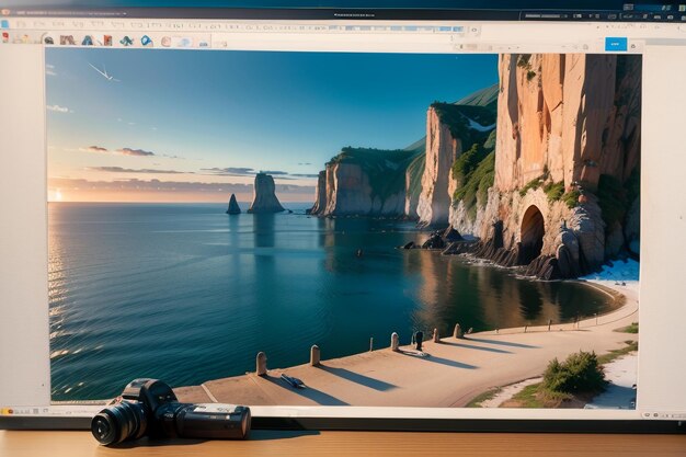 Photo un écran d'ordinateur avec une photo d'une plage et d'un phare.
