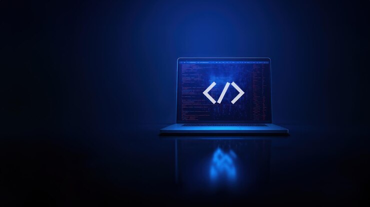 Photo écran d'ordinateur portable avec une icône de programmation sur l'écran ateliers de programmation en ligne apprentissage du développement web