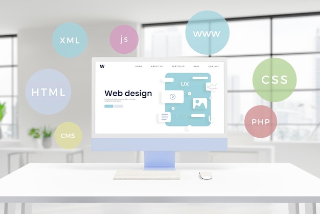Photo un écran d'ordinateur présente une page conceptuelle d'un studio de conception web avec des éléments de mise en page