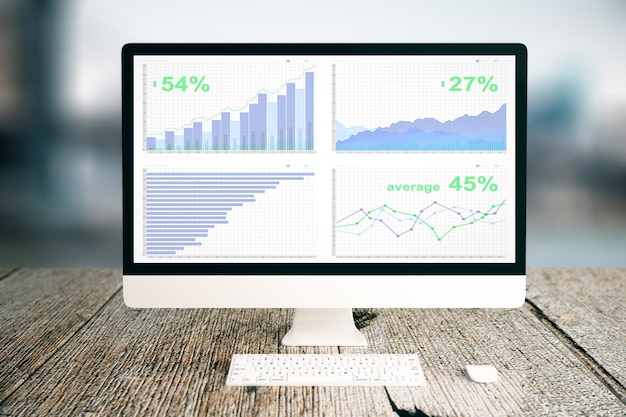 Écran d'ordinateur avec tableau d'affaires placé sur un bureau en bois Arrière-plan flou de la ville Rendu 3D