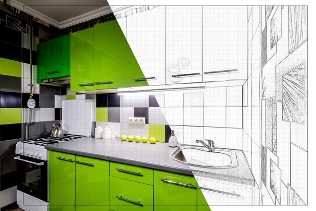 Photo Écran partagé de dessin et photo de l'intérieur d'une cuisine moderne dans un appartement plat, de l'idée à la mise en œuvre du produit fini