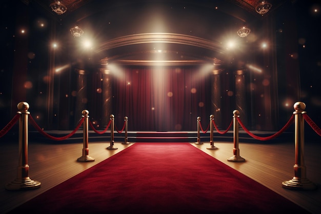 écran de projection vierge au centre de l'image devant un tapis rouge et des balustrades métalliques