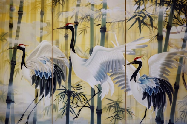 Photo un écran à quatre panneaux avec du bambou et des grues les elegants oiseaux se tiennent au milieu du feuillage leurs ailes déployées