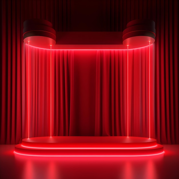 Un écran rouge dans une pièce sombre avec un rideau rouge.