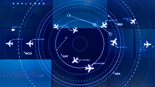 Écran de simulation montrant divers vols pour le transport et les passagers