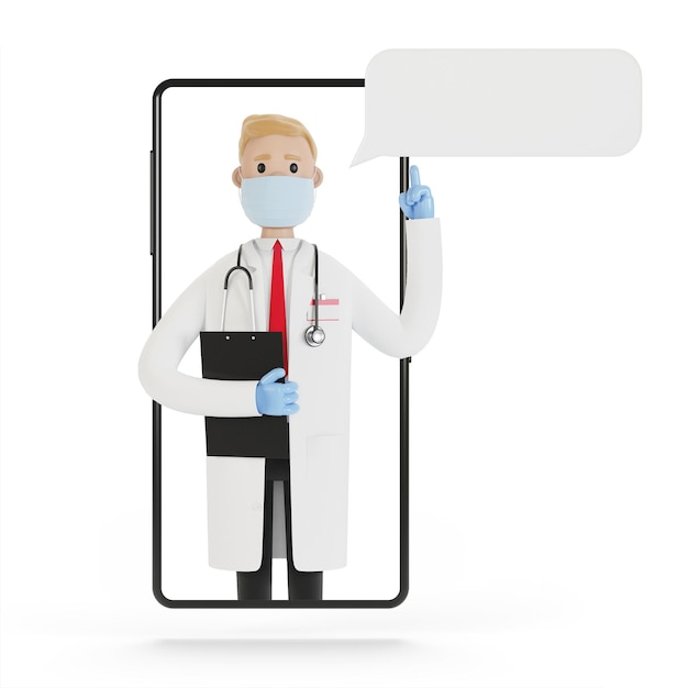 Écran de smartphone avec médecin de sexe masculin. Consultation en ligne, services médicaux. Illustration 3D en style cartoon.