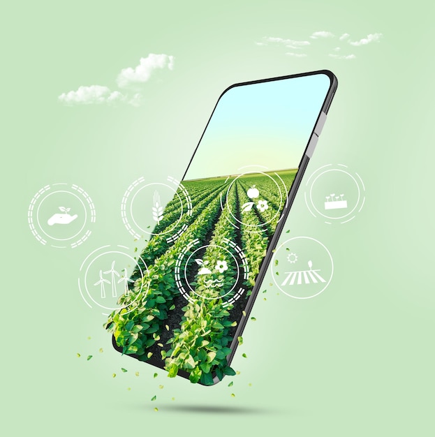 Un écran de téléphone montre un champ de cultures et les mots agriculture dessus.