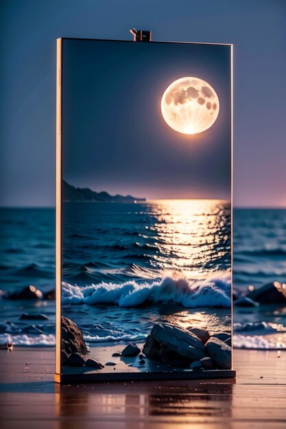 Photo un écran de téléphone avec une pleine lune et la mer en arrière-plan