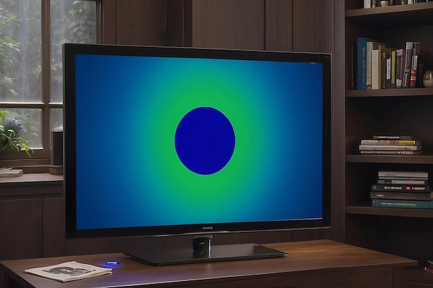 Un écran de télévision avec un cercle bleu et vert en bas