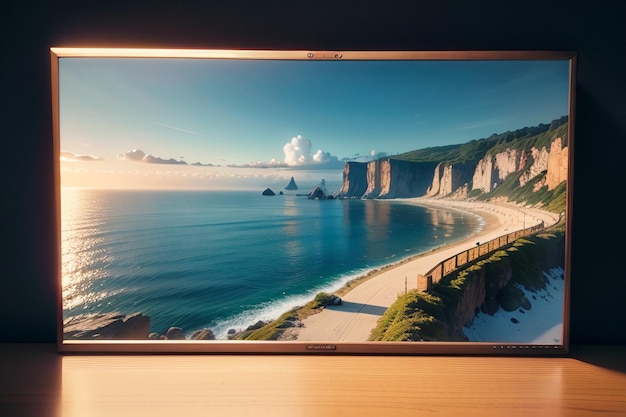 Un écran de télévision montre une plage et le soleil est sur une table en bois.