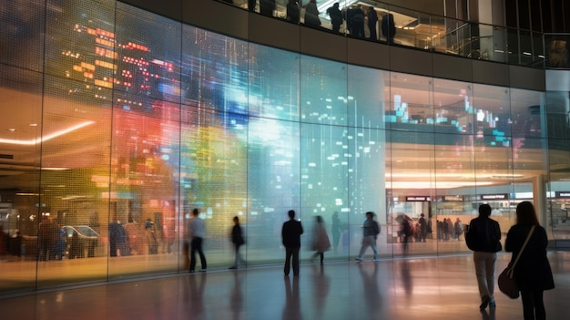 Un écran transparent dans un centre commercial avec un graphique interactif du marché boursier généré par l'IA