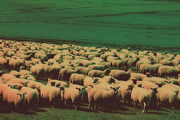 Un écran vert montre un troupeau de moutons dans un champ.