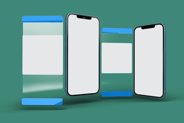 Écrans de téléphone et de médias sociaux côté gauche sur fond vert