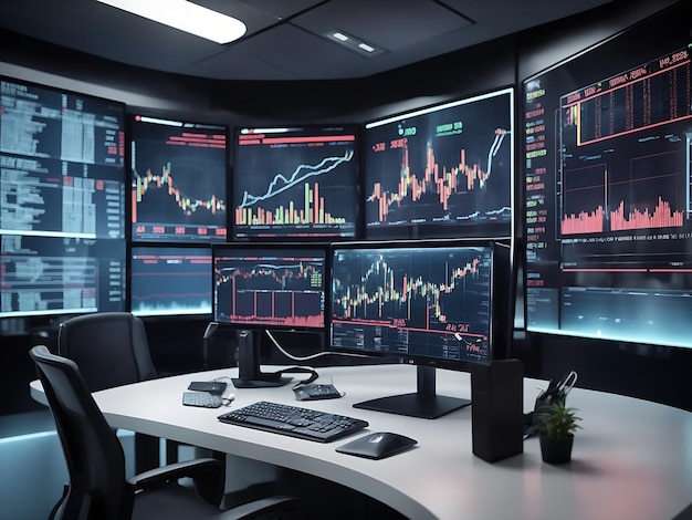 écrans de trading professionnels avec données financières dans un bureau de trading de style futuriste
