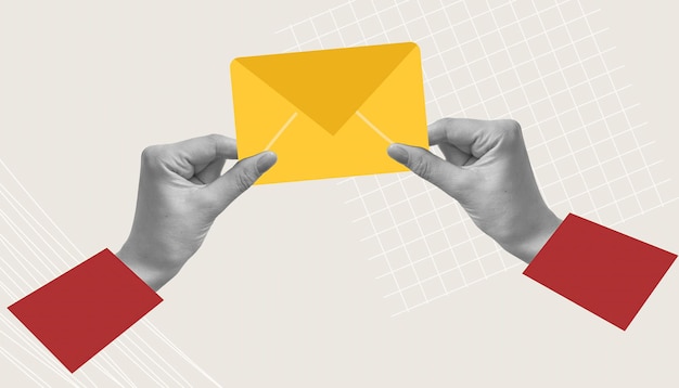 écrire une lettre envoyer un e-mail collage avec le courrier un beau collage avec l'envoi d'une lettre une main tend un message chat titre informations