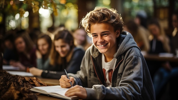 écrit des notes, planifie le processus de travail, est assis dans un café au grenier, se prépare aux examens.