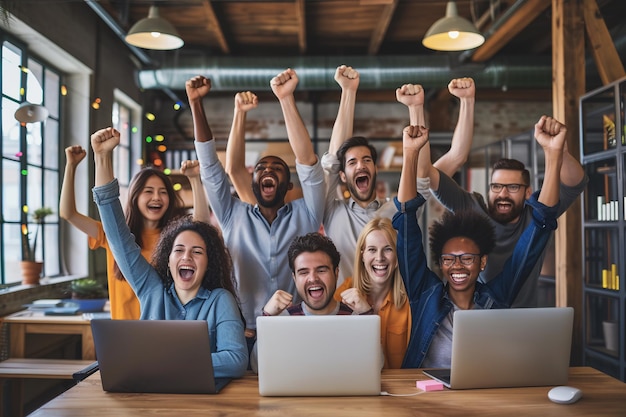 Ecstatic Diverse Team célèbre le succès au bureau avec l'IA générée