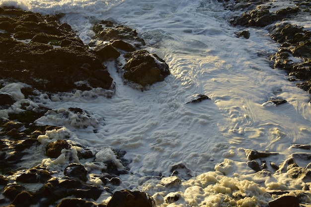 L'écume de mer parmi les rochers sur la côte de l'océan Antofagasta Chili