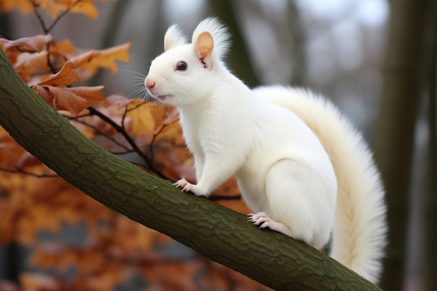 Écureuil albinos dans la nature portrait d'un animal rare blanc exotique dans la forêt sur une branche