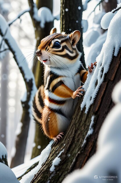 Photo Écureuil animal sauvage à la recherche de nourriture dans un trou d'arbre dans une forêt enneigée en hiver, photographie hd