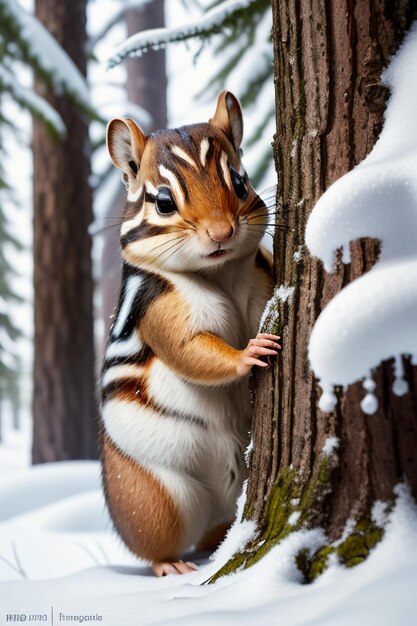 Photo Écureuil animal sauvage à la recherche de nourriture dans un trou d'arbre dans une forêt enneigée en hiver, photographie hd