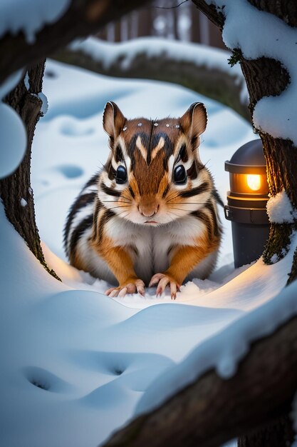 Photo Écureuil animal sauvage à la recherche de nourriture dans un trou d'arbre dans une forêt enneigée en hiver, photographie hd