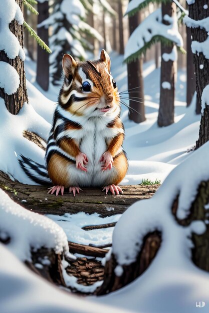 Photo Écureuil animal sauvage à la recherche de nourriture dans un trou d'arbre dans une forêt enneigée en hiver, photographie hd