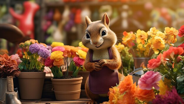 Un écureuil anthropomorphe dans un tablier violet se tient parmi des pots de fleurs avec des fleurs