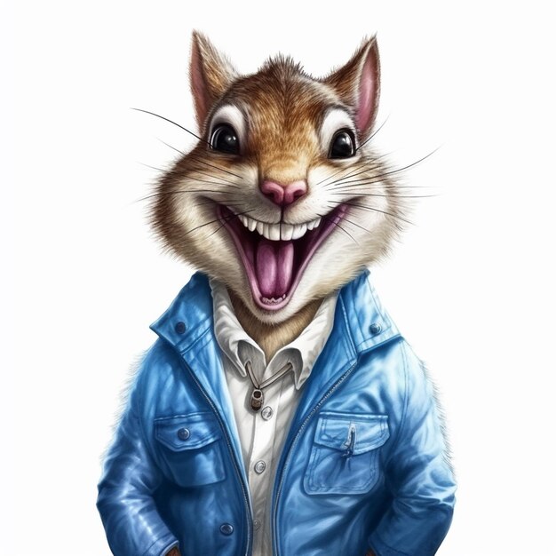 Un écureuil arrafé dans une veste bleue et une chemise blanche avec la bouche ouverte.
