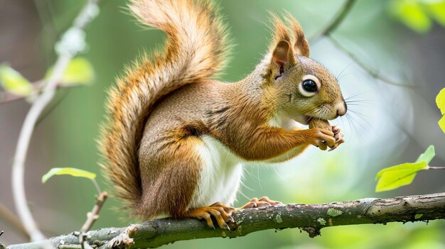 Un écureuil assis sur une branche d'arbre avec une noix dans les mains