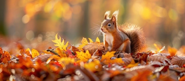 Un écureuil assis sur une pile de feuilles