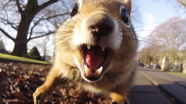 Un écureuil avec la bouche ouverte dans une expression animée joyeuse
