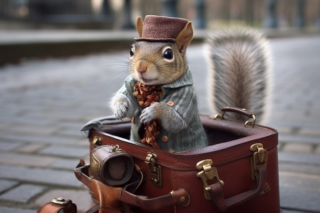 Un écureuil avec un chapeau et une écharpe est assis dans une vieille valise.