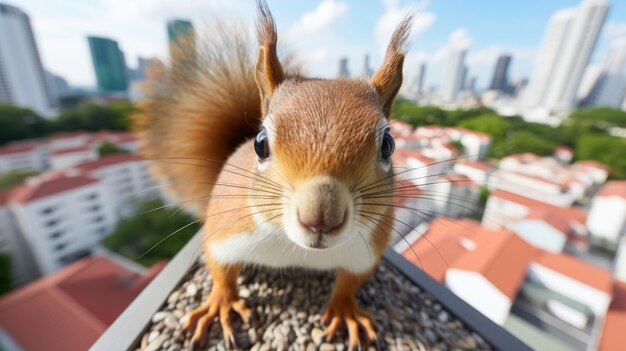 Un écureuil curieux explore un toit à la recherche de nourriture et d'abri.