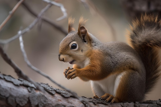 Un écureuil curieux perché sur une branche d'arbre grignotant une noix