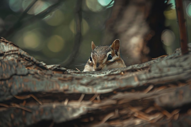 L'écureuil curieux qui regarde du creux de l'arbre