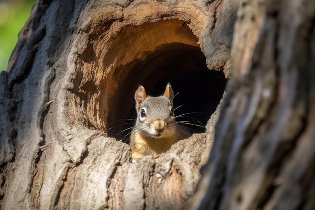 Un écureuil dans un arbre creux