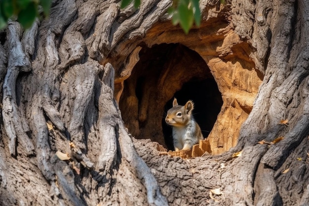 Un écureuil dans un arbre avec un trou au milieu