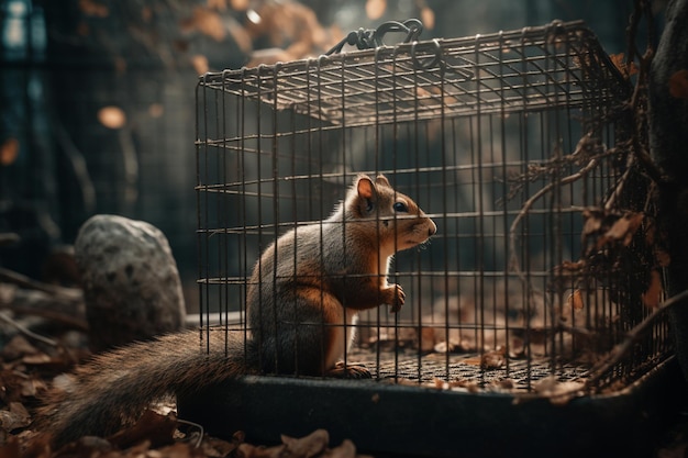 Photo un écureuil dans une cage avec une lumière au fond