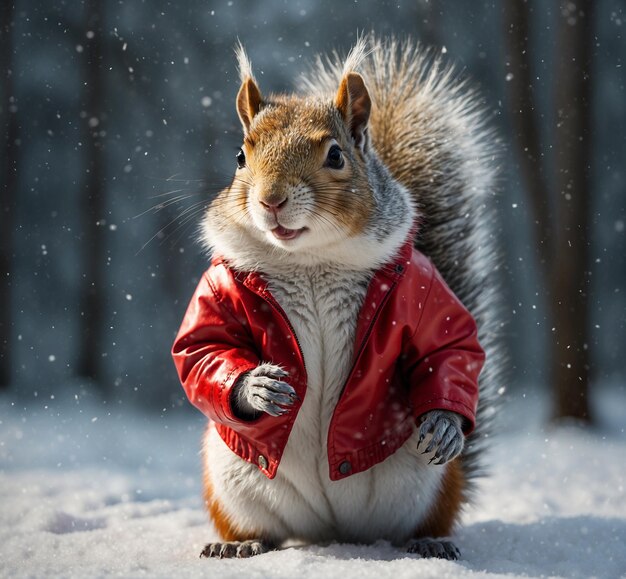 Un écureuil dans une veste rouge sur un fond de forêt d'hiver