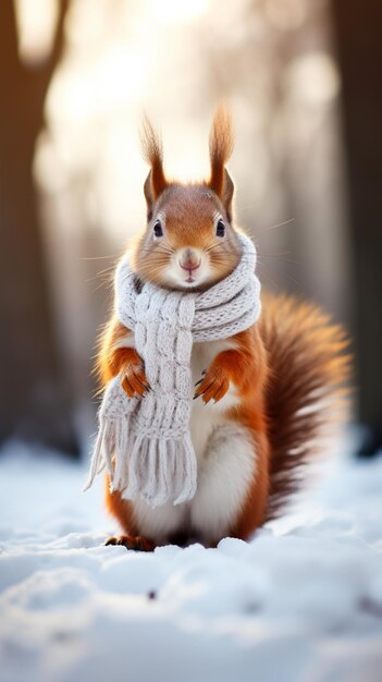 un écureuil debout dans la neige avec un foulard sur