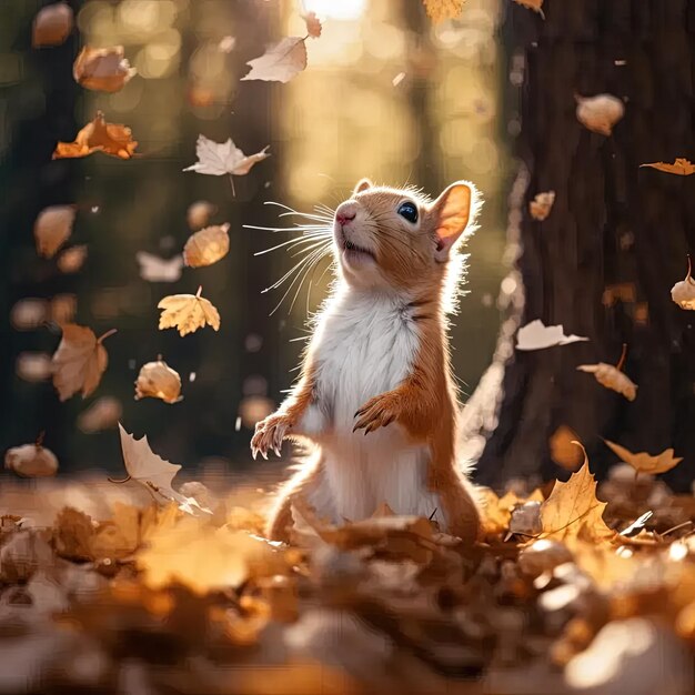 un écureuil debout sur ses pattes postérieures dans les feuilles