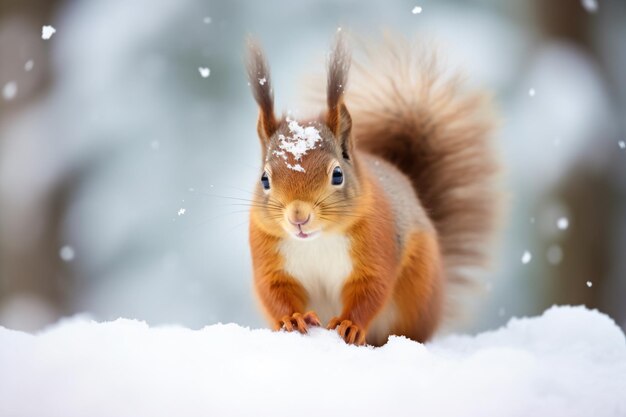 un écureuil debout sur un sol couvert de neige