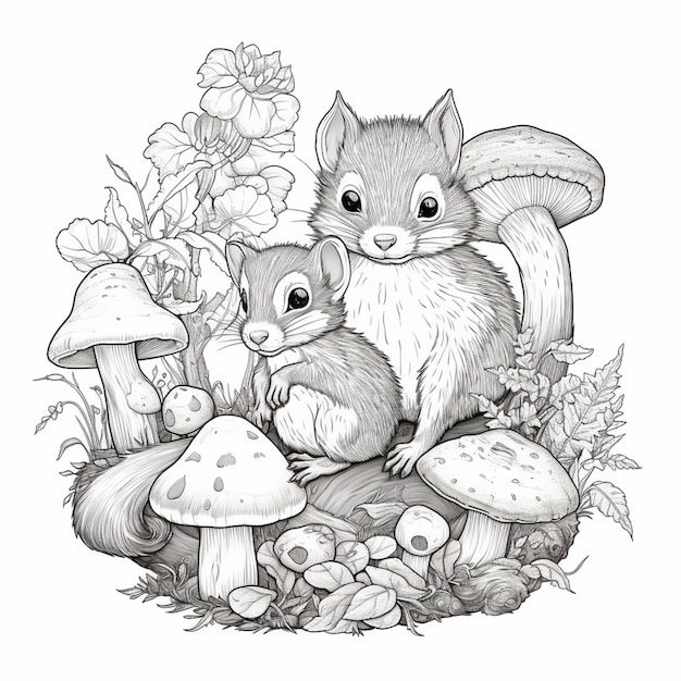 Un écureuil et un écureuil sont assis sur une bûche avec des champignons.