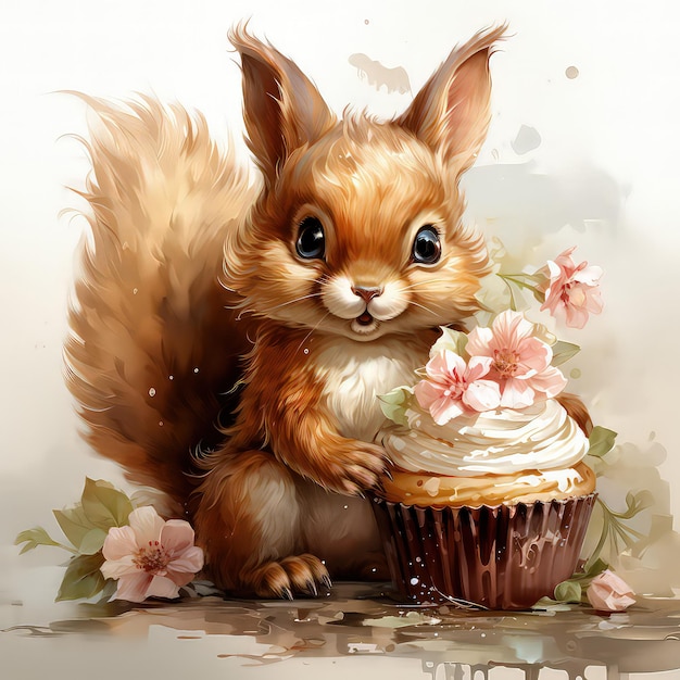 Un écureuil espiègle grignotant un Cupcake Clipart aquarelle mignon